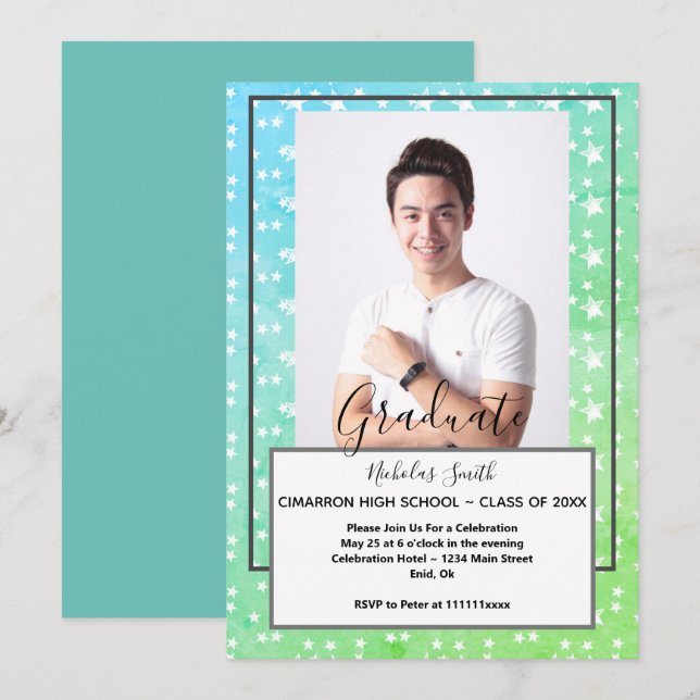 MODERN MALE GRAD GREEN STARS | GRADUATION PARTY INVITATION (Front/Back)