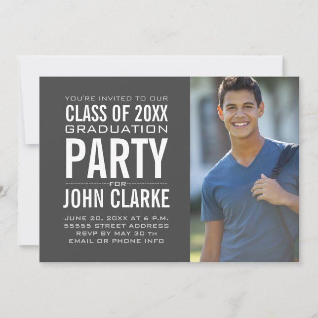 Modern Male Grad | Grey Graduation Party Invitation (Front)