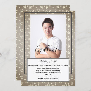 MODERN MALE GRAD GREY STARS GRADUATION PARTY INVITATION