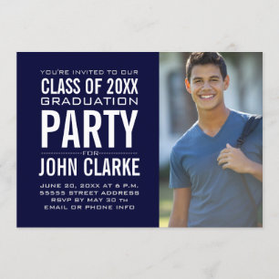 Modern Male Grad Navy Blue Graduation Party Invitation