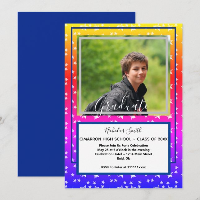 MODERN MALE GRAD STARS BLUE | GRADUATION PARTY INVITATION (Front/Back)