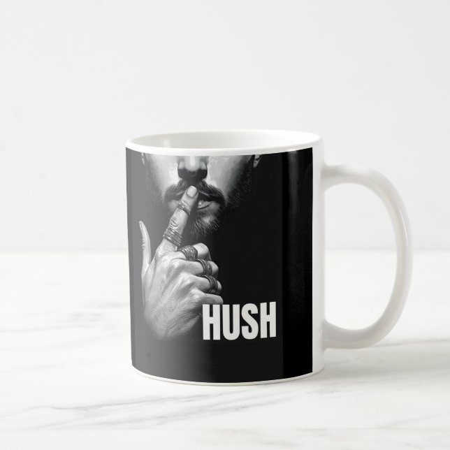 Modern Man Shushing Gesture HUSH Graphic Coffee Mug (Right)