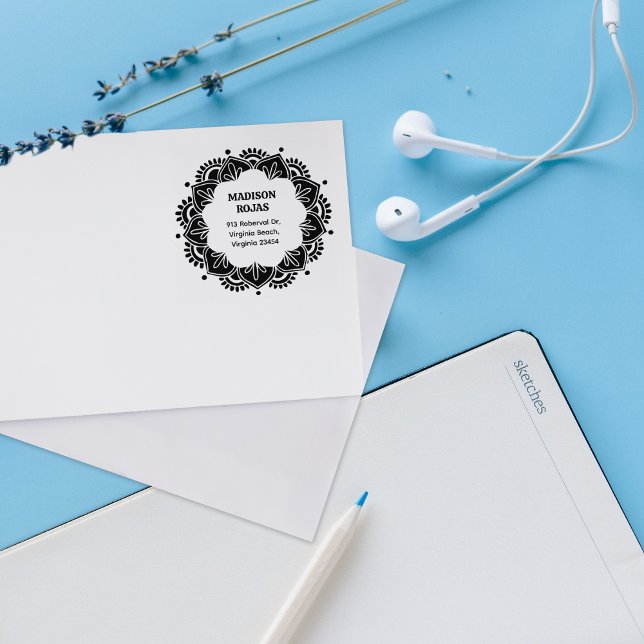 Modern Mandala Custom Name Return Address Rubber Stamp (Creator Uploaded)