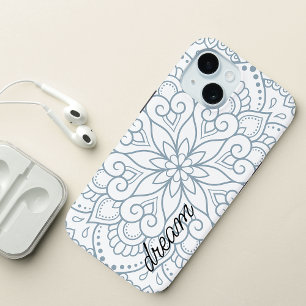 Modern Mandala Dusty Blue Script iPhone 15 Case