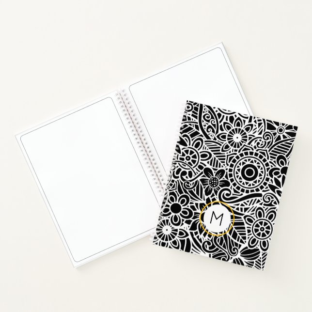 Modern Mandela Floral Black White INITIAL Chic Notebook (Inside)