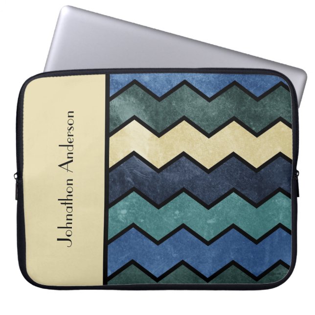 Modern Manly Blue Chevrons With Name Laptop Sleeve (Front)