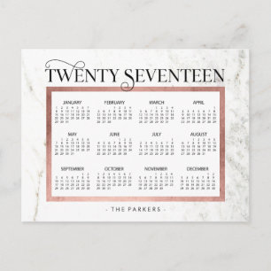 Modern Marble and Faux Rose Gold 2017 Calendar Holiday Postcard