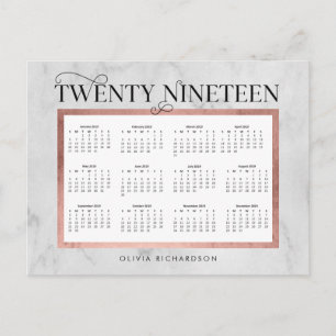 Modern Marble and Faux Rose Gold 2019 Calendar Holiday Postcard