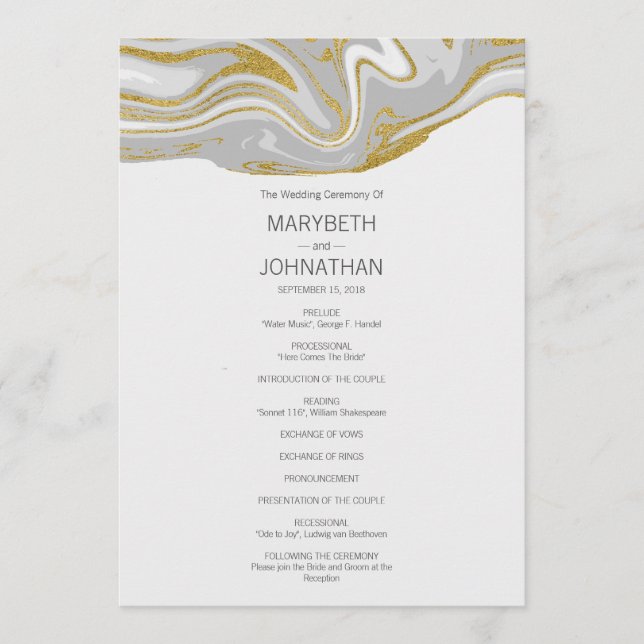 Modern Marble and Gold Wedding Program Card (Front)