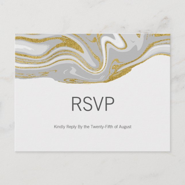 Modern Marble and Gold Wedding RSVP Postcard (Front)
