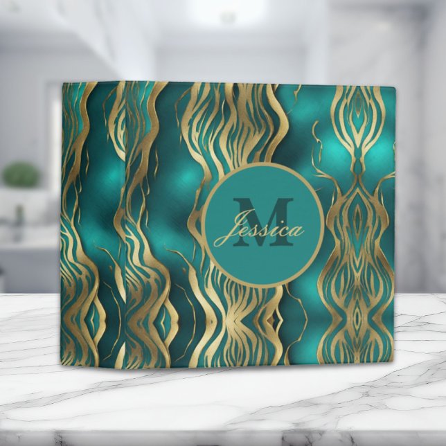 Modern Marble Beige Turquoise Blue Teal Monogram Binder (Modern Marble Beige Turquoise Blue Teal Monogram 3 Ring Binder)