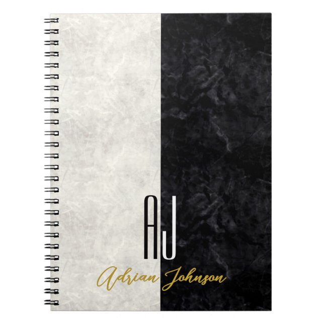 Modern Marble Black and White Monogram Initials Notebook (Front)
