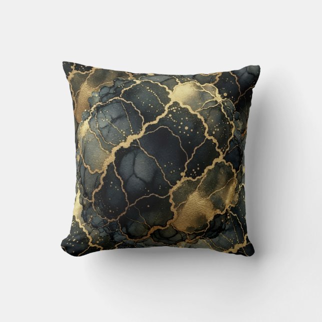 Modern Marble Black + Gold Luxury  Throw Pillow (Front)