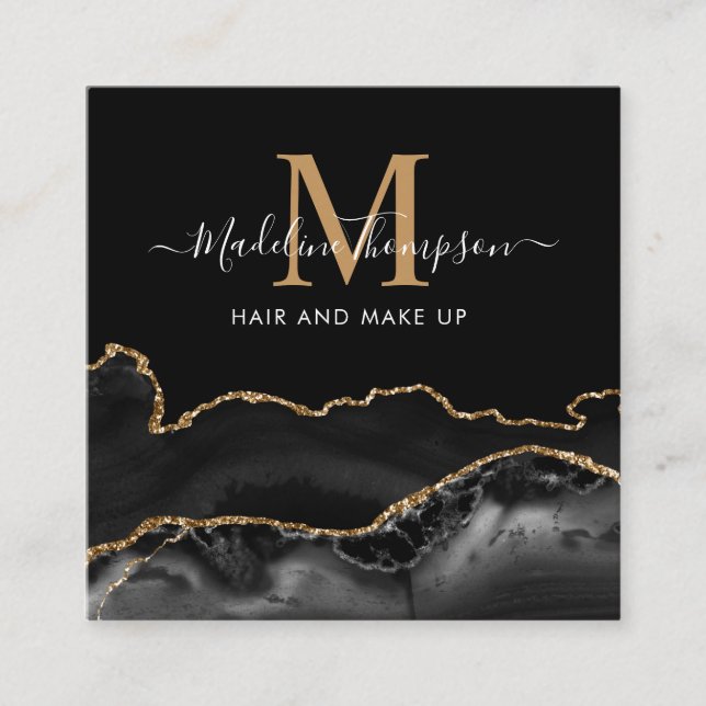 Modern Marble Black Gold Photo QR Code Monogram Square Business Card (Front)