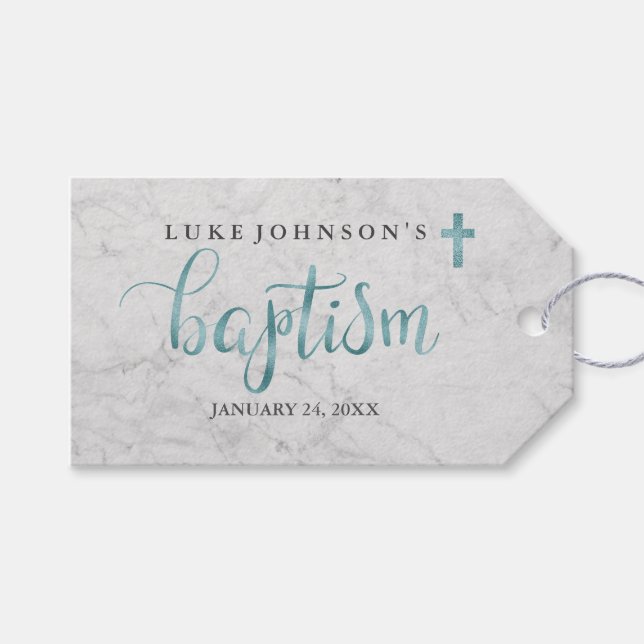 Modern Marble Blue Baptism Tags (Front (Horizontal))