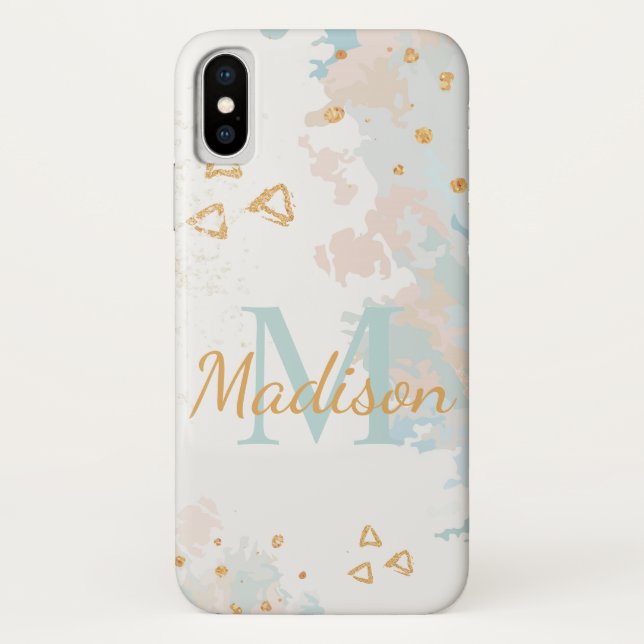 Modern Marble Blue Pink Gold Cool Initial Name Case-Mate iPhone Case (Back)