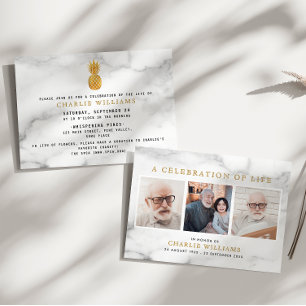 Modern Marble Celebration of Life Memorial 3-Photo Invitation