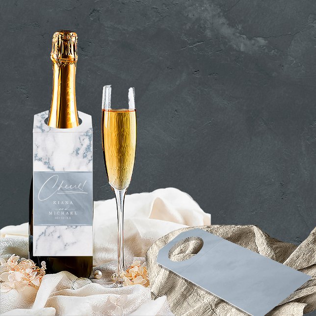 Modern Marble Cheers Dusty Blue ID816 Bottle Tag (Front/Back In Situ)