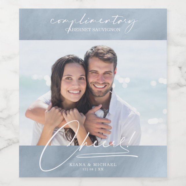 Modern Marble Cheers Photo Dusty Blue ID816 Wine Label (Single Label)