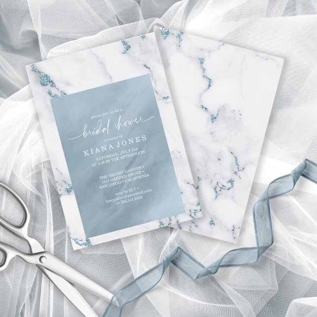 Modern Marble Glitter Bridal Shower Blue ID816 Invitation (Front/Back In Situ)