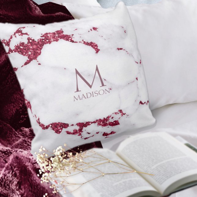 Modern Marble Glitter Monogram Burgundy ID816 Throw Pillow (Creator Uploaded)
