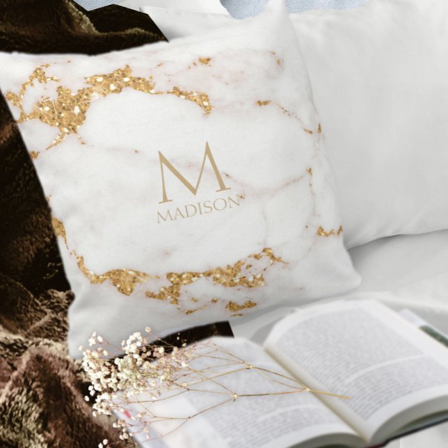 Modern Marble Glitter Monogram Gold ID816 Throw Pillow (Creator Uploaded)