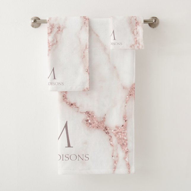 Modern Marble Glitter Monogram Rose Gold ID816 Bath Towel Set (Insitu)