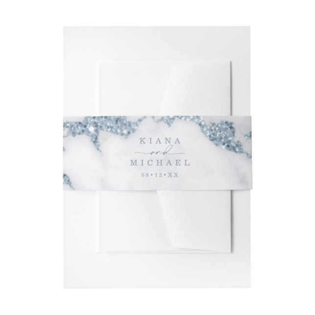 Modern Marble Glitter Wedding Dusty Blue ID816 Invitation Belly Band (Front Example)