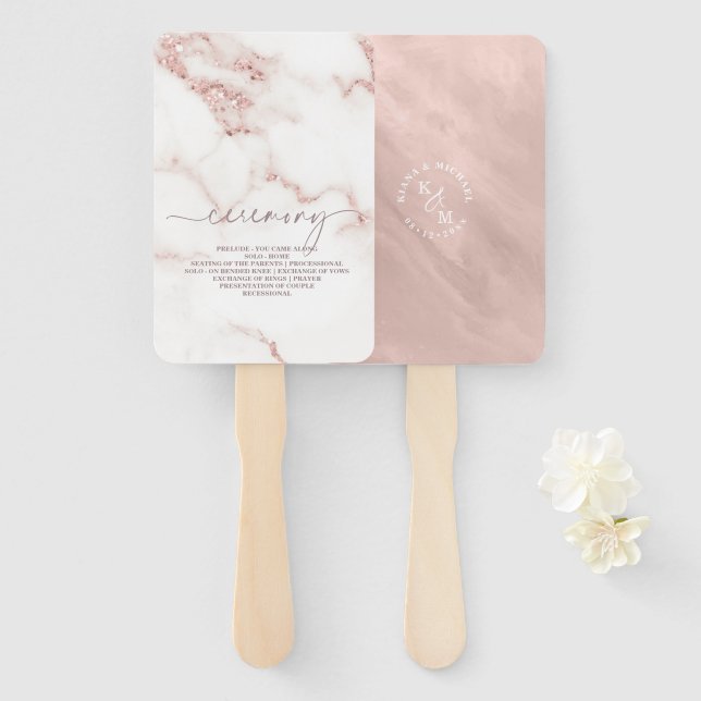 Modern Marble Glitter Wedding Rose Gold ID816 Hand Fan (Front and Back)