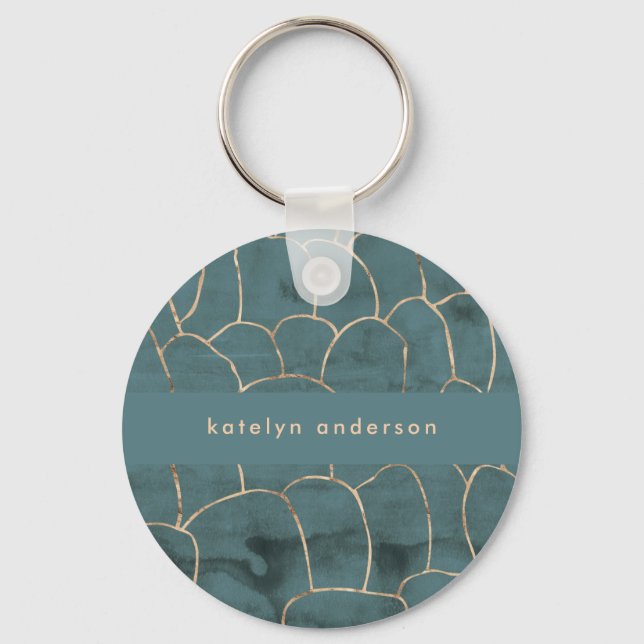 Modern Marble Gold Gemstone Teal Interior Designer Keychain (Front)