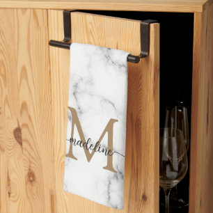 Modern Marble Gold Girly Script Monogram Kitchen Towel