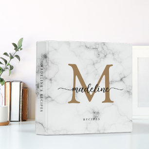 Modern Marble Gold Girly Script Monogram Recipe Binder