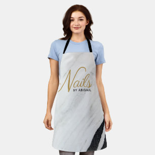 Modern Marble Gold Nail Stylist White Apron