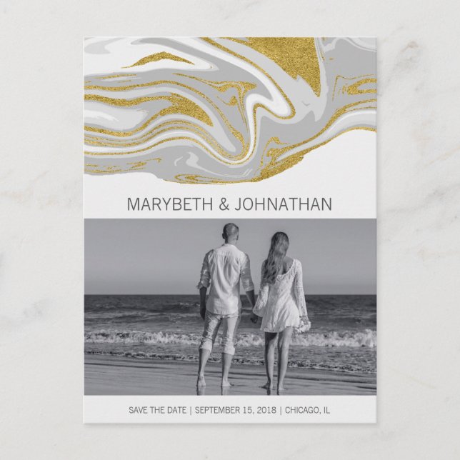 Modern Marble & Gold Save The Date Photo Postcard (Front)