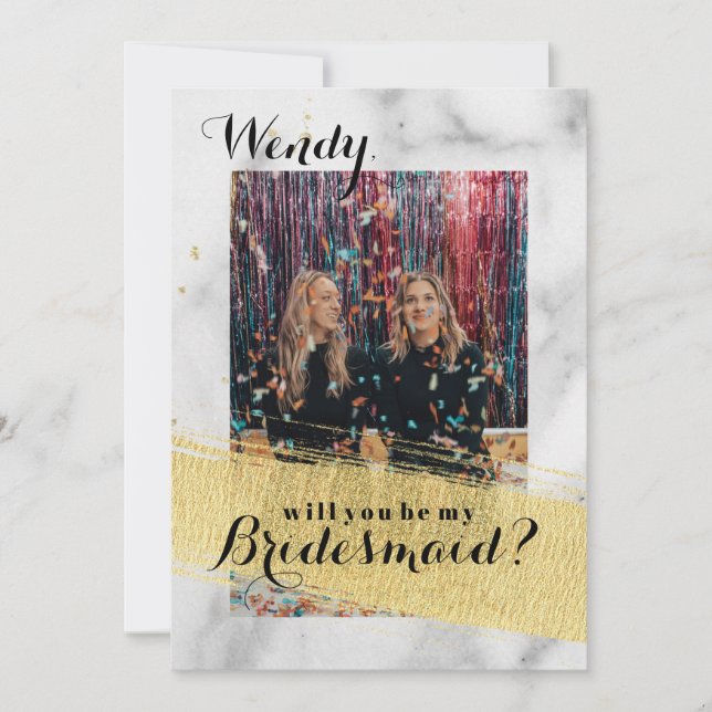 Modern Marble Gold Stroke Bridesmaid Proposal Card (Front)