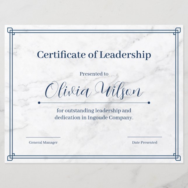Modern Marble Minimalist Leadership Certificate (Front)