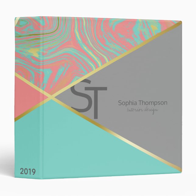 Modern Marble Mint Coral Pastel Gold Monogram Binder (Front/Spine)