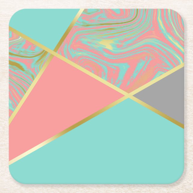 Modern Marble Mint Coral Pastel Gold Square Paper Coaster (Front)