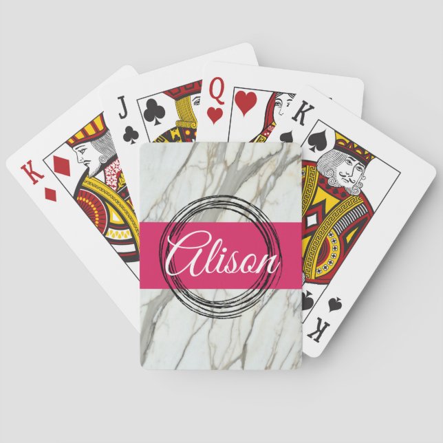 Modern marble/pink/black name playing cards (Back)
