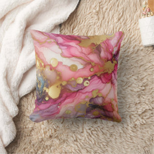 Modern Marble Pink + Gold Luxury Alcohol Ink Throw Pillow