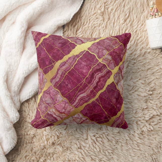 Modern Marble Pink + Gold Luxury  Throw Pillow (Blanket)