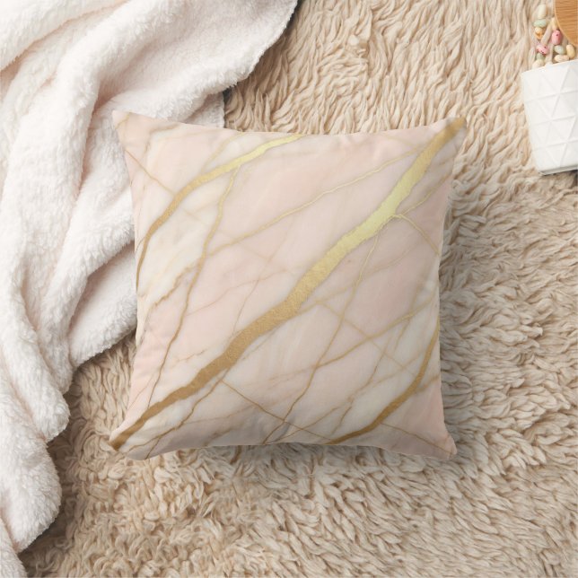 Modern Marble Pink + Gold Luxury  Throw Pillow (Blanket)