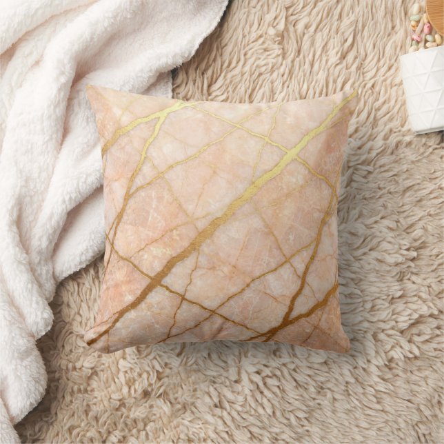 Modern Marble Pink + Gold Luxury  Throw Pillow (Blanket)