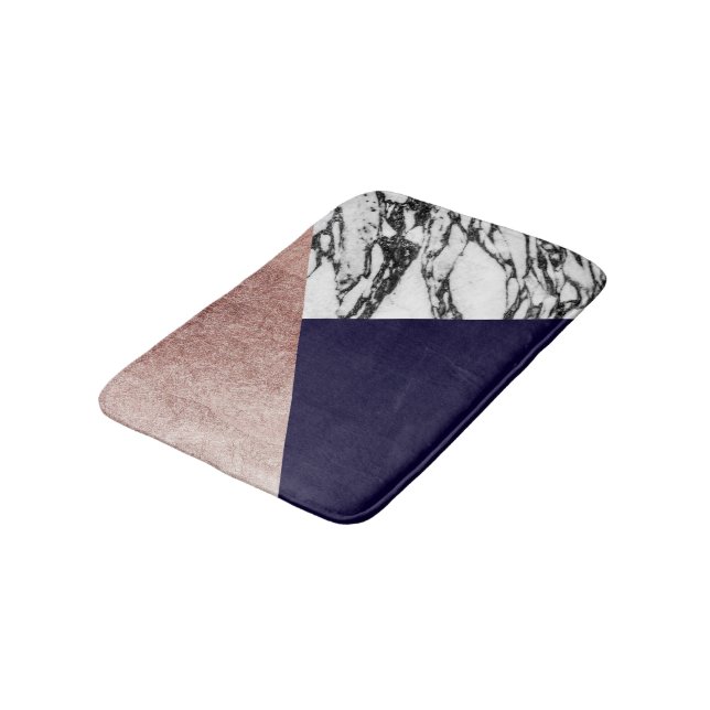 Modern Marble Rose Gold and Navy Blue Tricut Geo Bath Mat (Angled)