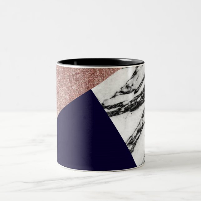 Modern Marble Rose Gold and Navy Blue Tricut Geo Two-Tone Coffee Mug (Center)