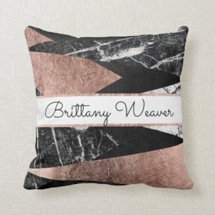 Modern Marble Rose Gold Black Triangle Monogram Throw Pillow