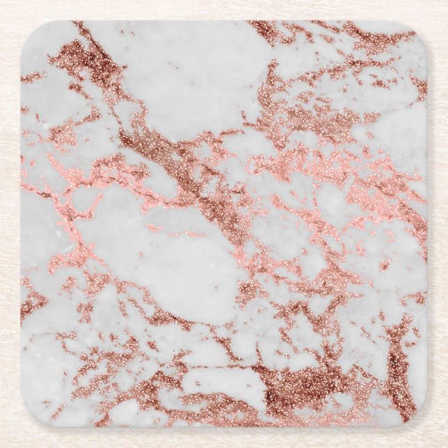 Modern Marble Rose Gold Glitter Square Paper Coaster (Front)