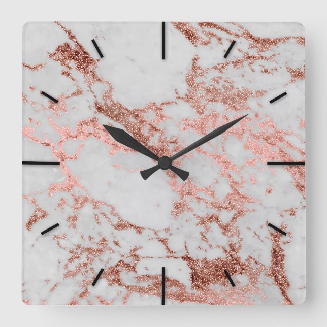 Modern Marble Rose Gold Glitter Square Wall Clock (Front)