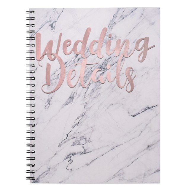 Modern Marble Rose Gold Pink WEDDING DETAILS Notebook (Front)