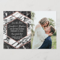 Modern Marble Rose Gold Trim Hexagon Save the Date